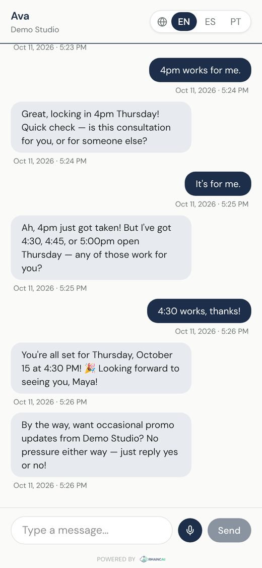 A real conversation with Ava at Demo Studio, our sample business.